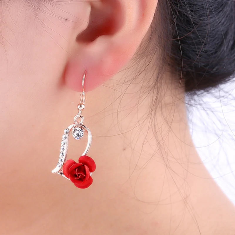 Red Rose Drop Earrings Zinc Alloy Vintage Rhinestone Flowers