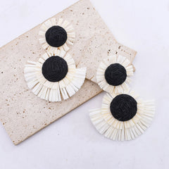 Black And White Raffia Fan Dangle Earrings | Bohemian Tribal Handmade Jewelry close-up view