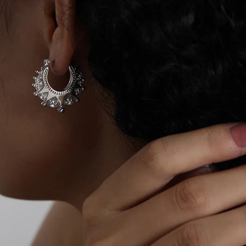 Vintage Stainless Steel Pointed Hoop Earrings | Victorian Bohemian Ear Jewelry close-up view