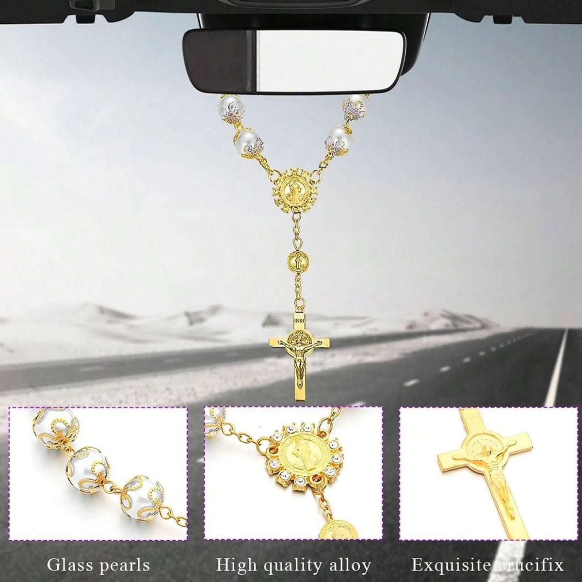 Cross Pendant Rosary Necklace close-up view