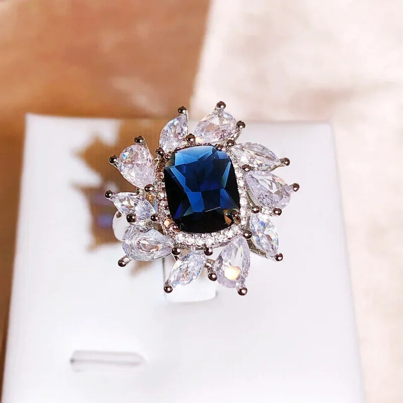 925 Silver New Colorful Square Zircon Ring Female Fashion Full Diamond Water Drop Zir lifestyle view