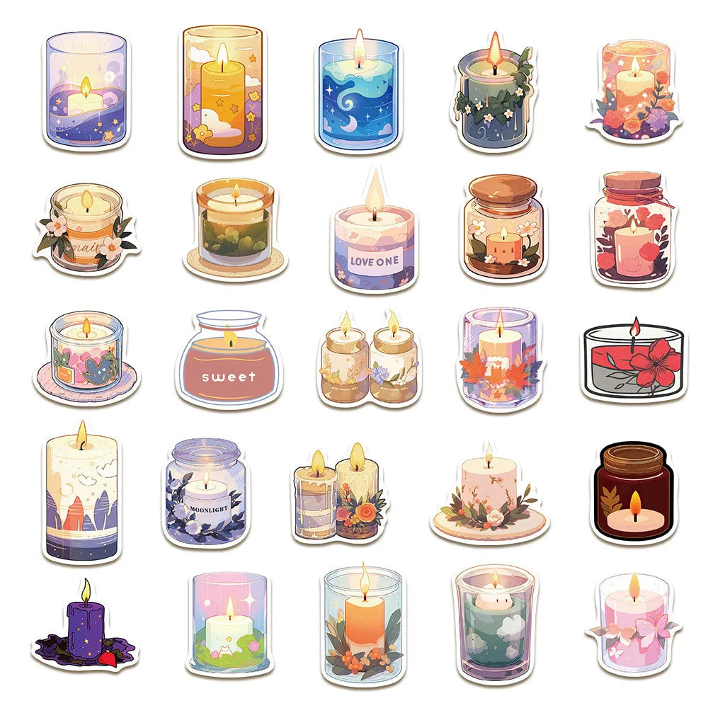 50-Piece Cozy Scented Candle Stickers | Waterproof Decals for Laptops, Notebooks, and close-up view