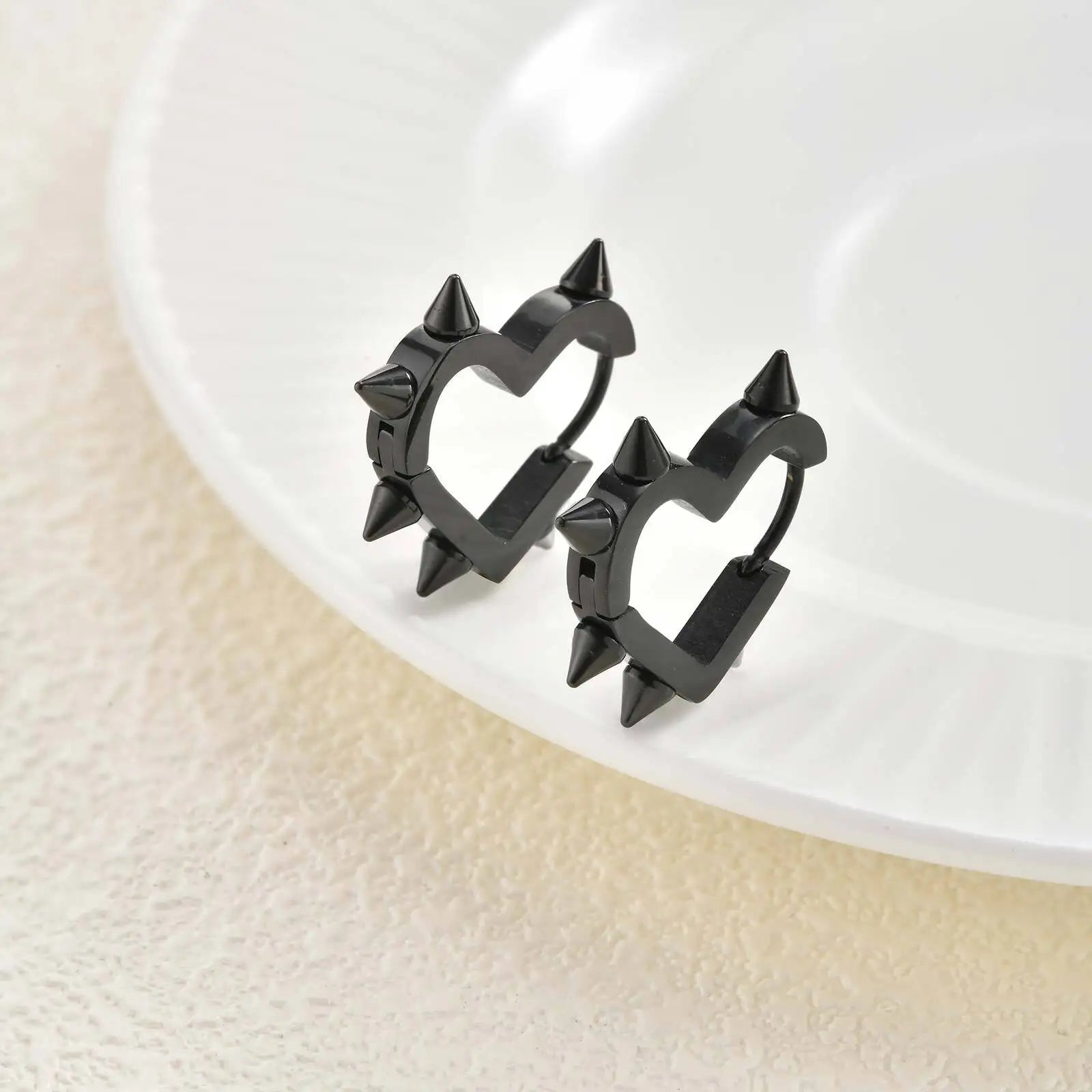 Exaggerated Spike Rivet Heart Stud Earrings | Stainless Steel Goth Punk Jewelry close-up view