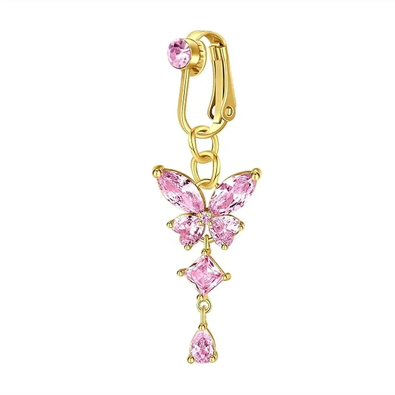 Clip On Belly Button Ring Butterfly Copper Zircon Pink Fake Belly Piercing Umbilical N close-up view