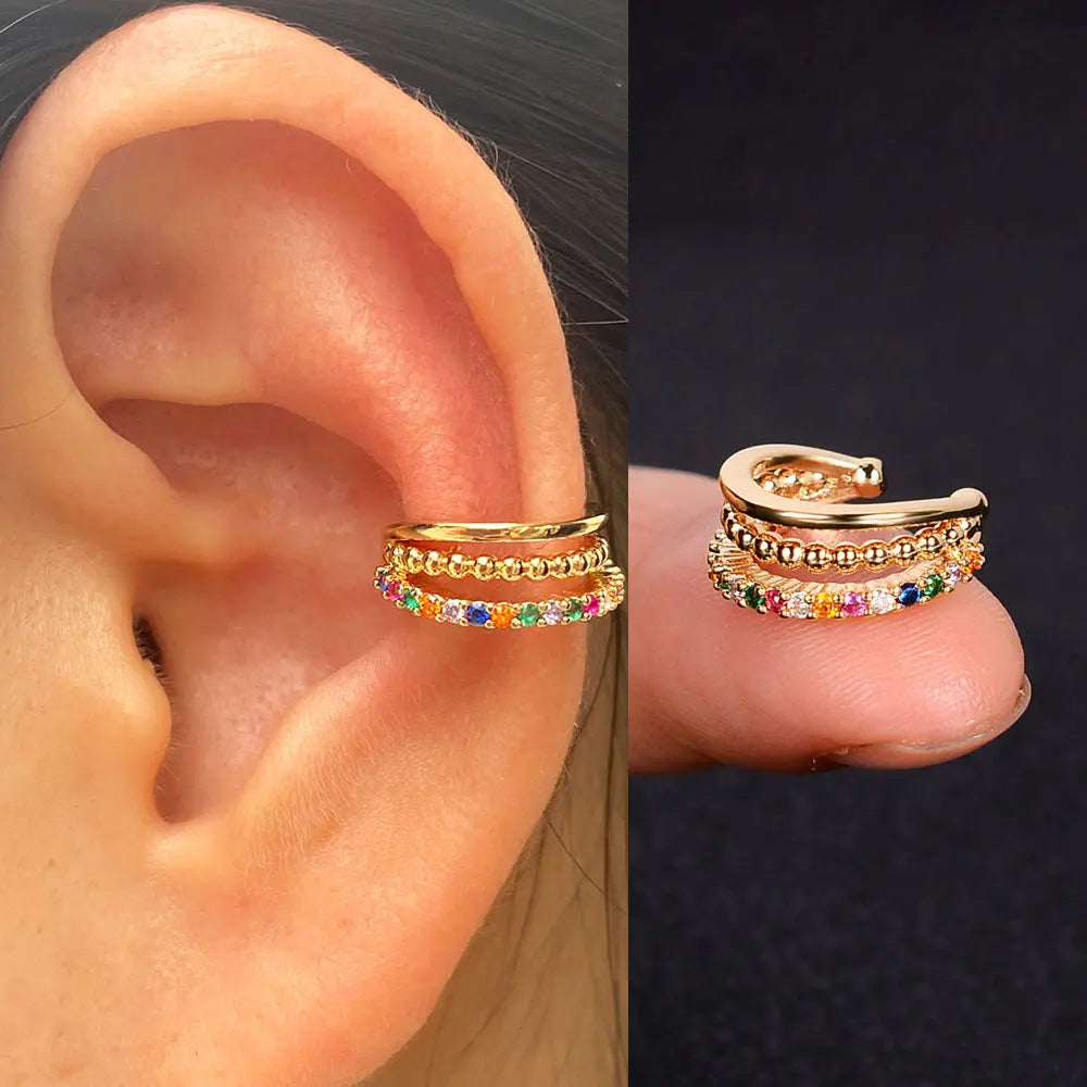 Geometric Rainbow CZ Cuff Clip On Earrings for Women