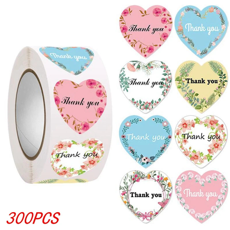 Heart Thank You Stickers | Floral Decorative Sealing Stickers for Wedding Gift Packagi close-up view