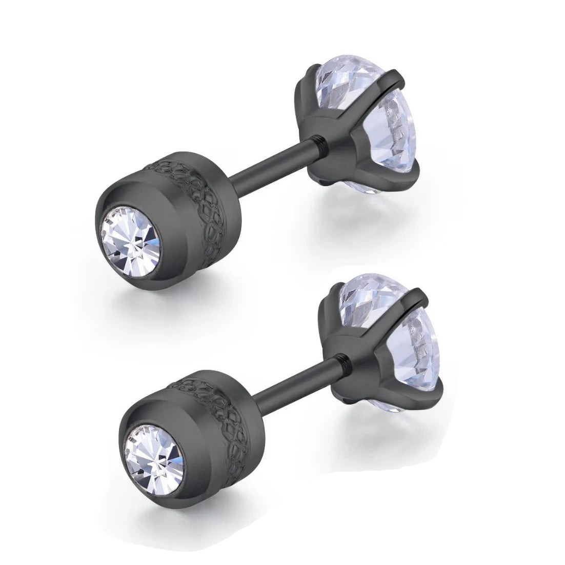 Black Top Stainless steel Unisex Women Men Round Crystal Zircon Ear Studs Earrings Pie close-up view
