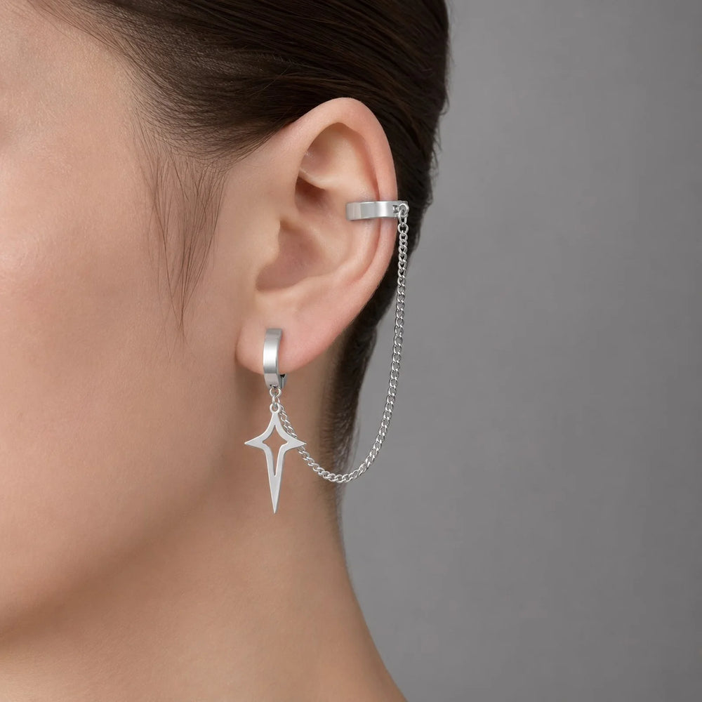 1pc Clip Earrings with Chain Stainless Steel for Women Men Punk Tassel Hoop Ear Cuf additional angle