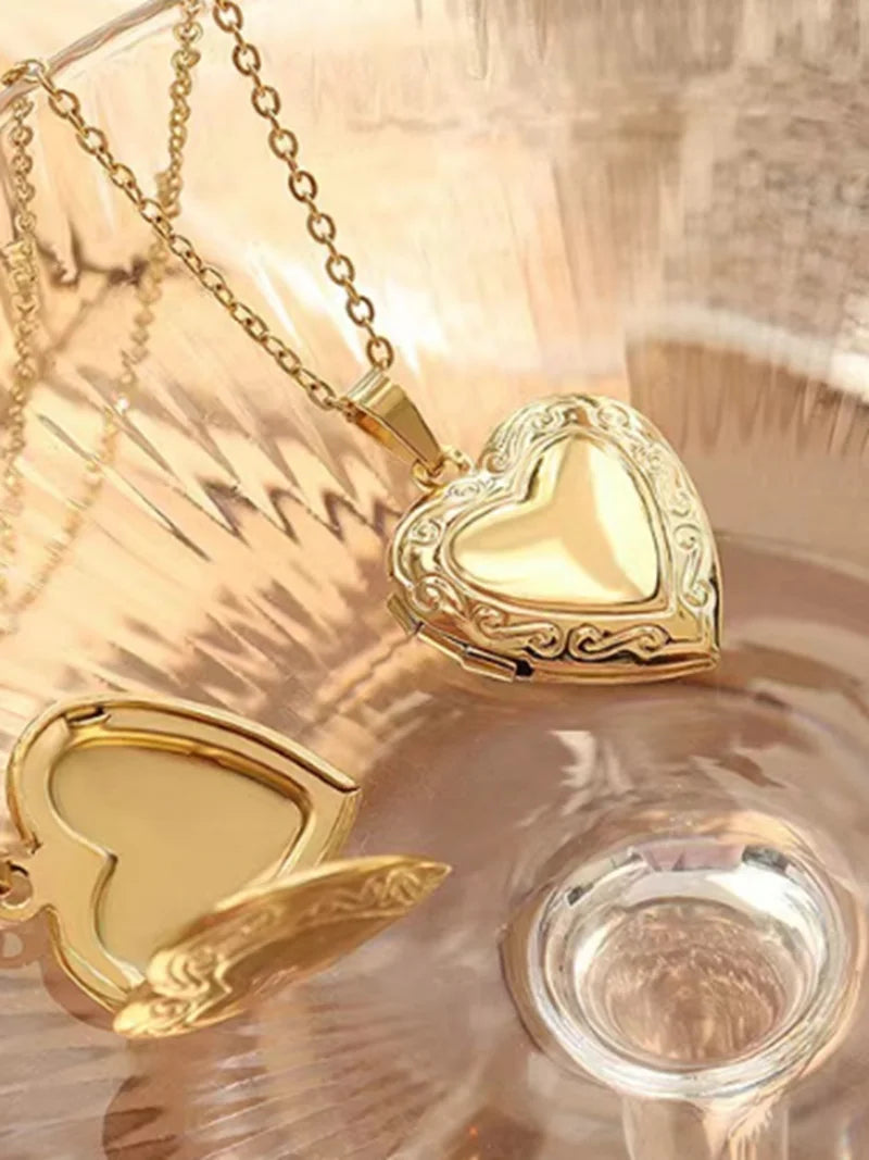 Vintage Carved Heart Photo Box Necklace, Gold-Plated Openable Heart Pendant, Fine C additional angle