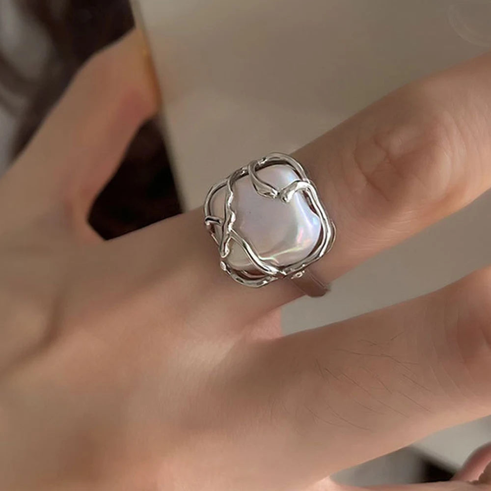 PANJBJ 925 Sterling Silver Pearl Irregular Ring for Women Shell Overlapping Hollow Sw alternate view