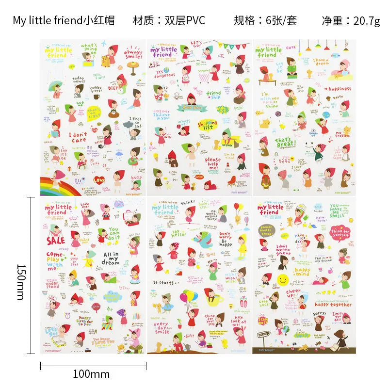 6Pcs Waterproof Cartoon Sticker Set | Cute DIY Decals for Laptops, Phones, and Planner close-up view