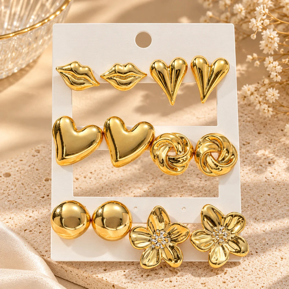 12pcs Fashionable Lightweight CCB Smooth Flower, Bow, Heart Shaped Earring Set, Suitab close-up view