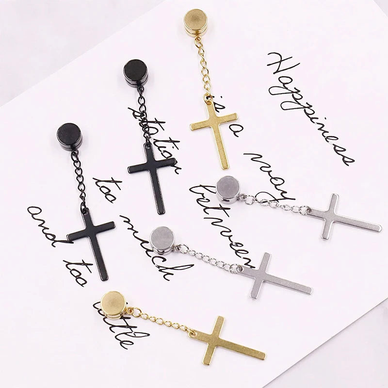 Punk Mens Strong Magnet Magnetic Cross Ear Stud Set Non Piercing Earrings Fake Earrin alternate view