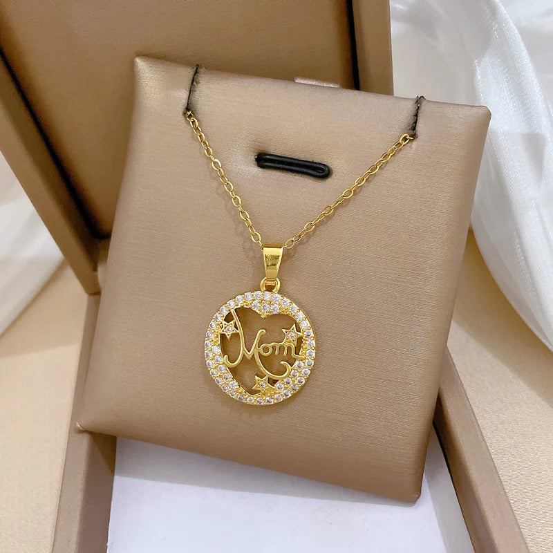 Crystal Heart Mama Necklace | Stainless Steel Pendant Jewelry for Mom close-up view