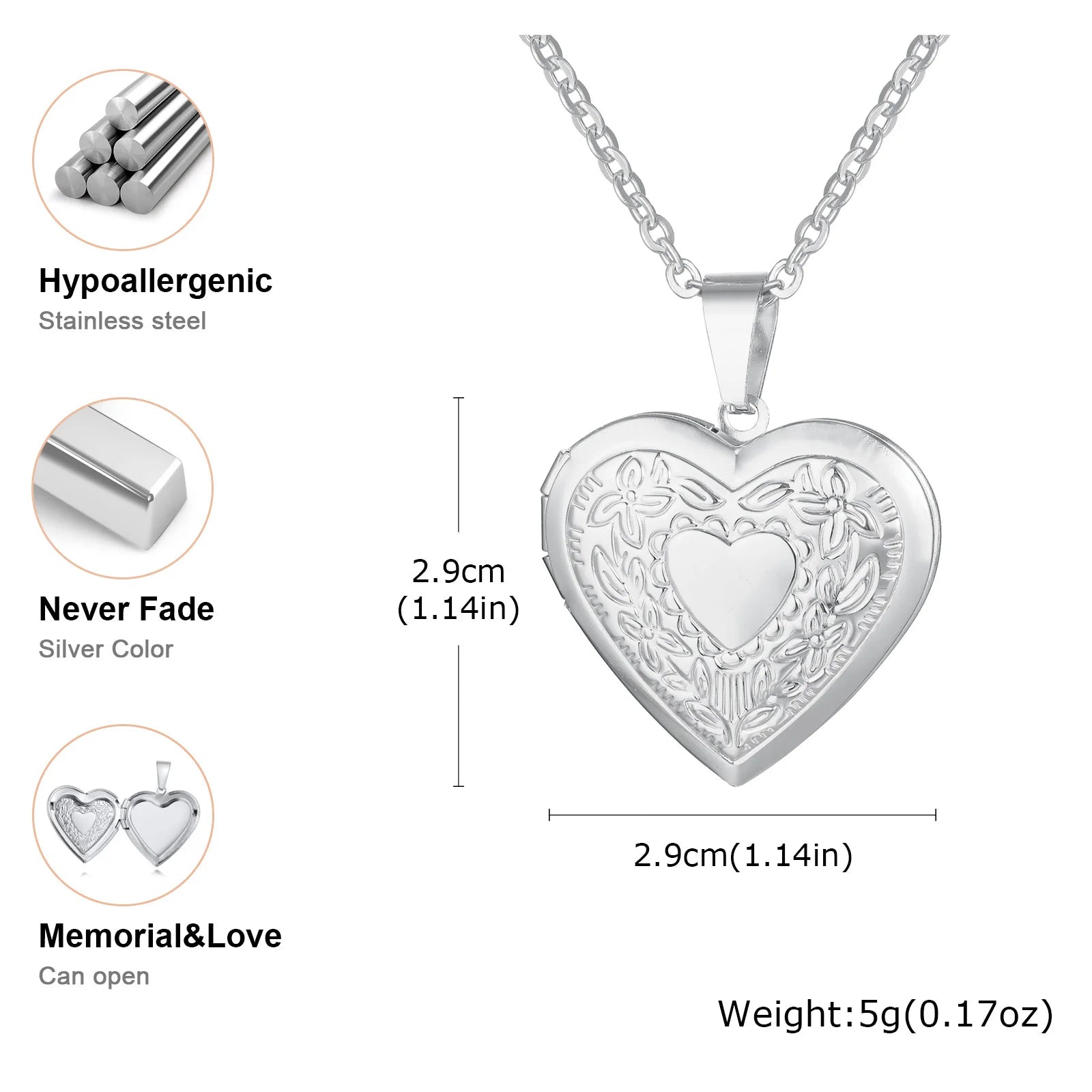 Vnox Never Fade Silver Color Stainless Steel Women Locket Pendant, Openable Heart Pen lifestyle view