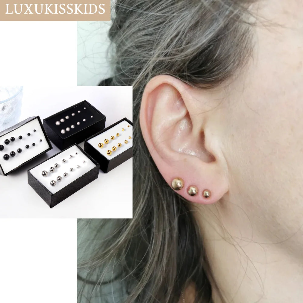 Stainless Steel Ball Stud Earrings Set 6 Pairs | Minimalist Round Clip Earrings for Wome detail view