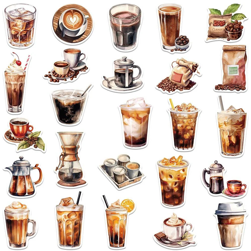 50 Cartoon Coffee Themed Stickers | Waterproof Decals for Laptops Helmets and Gear additional angle