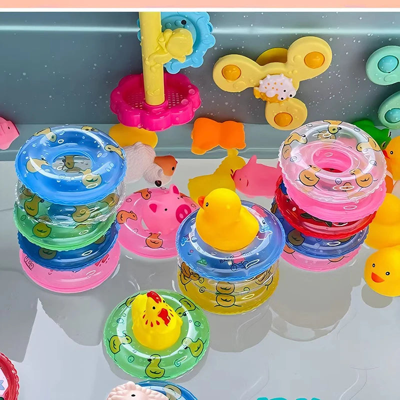 Kids Floating Bath Toys Mini Swimming Rings Rubber Yellow Ducks Fishing Net Washing Swimming Toddler