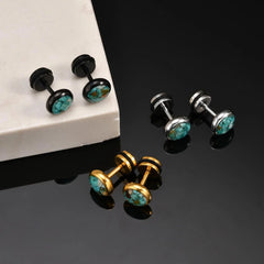 Natural Stone Stud Earrings for Men Boys,Stainless Steel Plated Round Small Earring,S alternate view