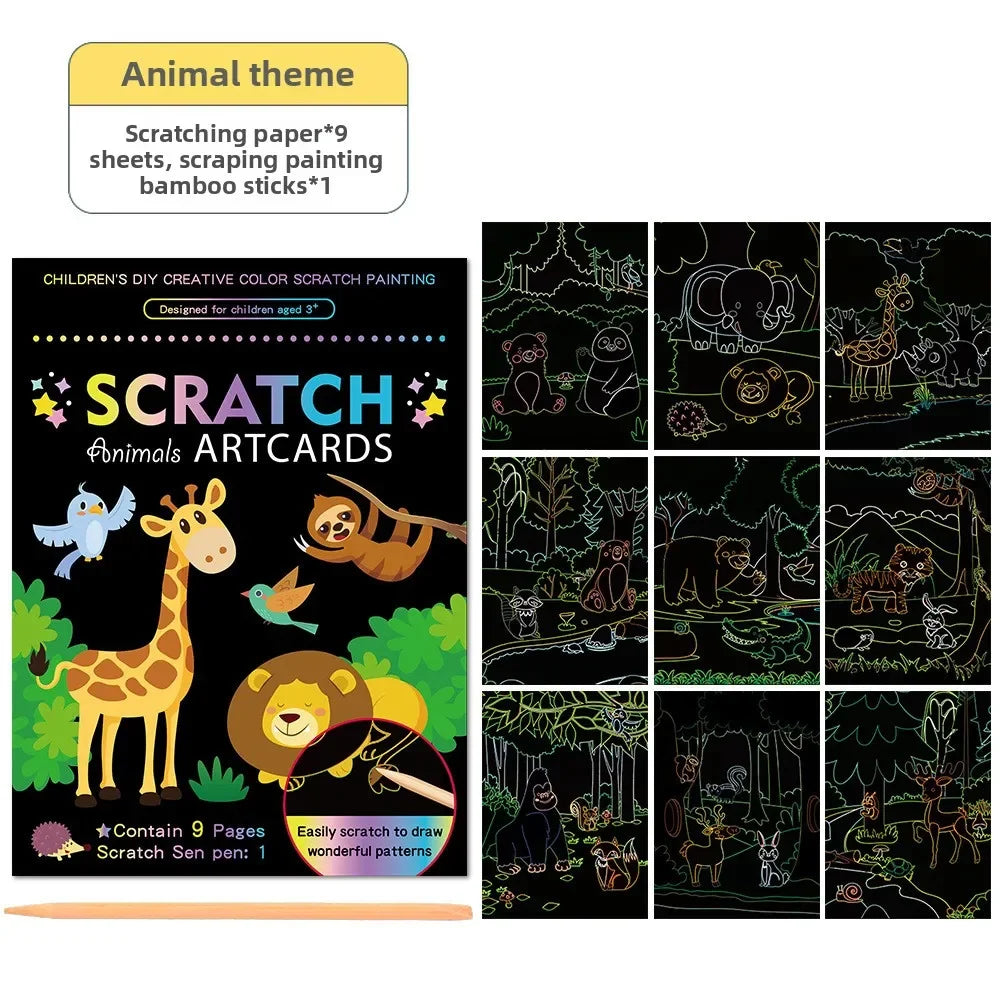 9Pcs/set Magic Rainbow Color Scratch Art Painting Paper Card Kit Cartoon Animal Drawing detail view
