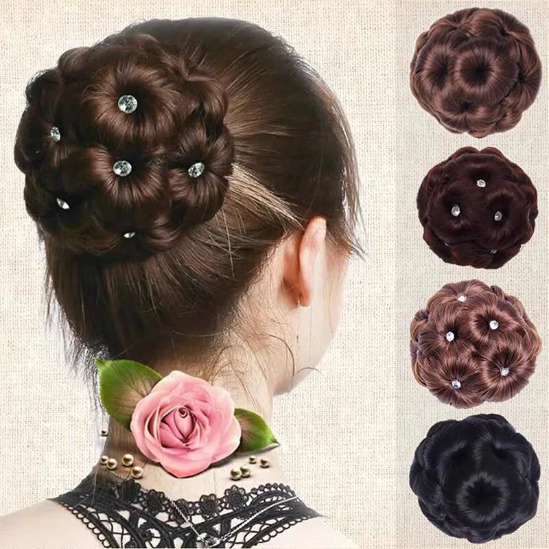 Synthetic Hair Bun Bud Hair Clips With Rhinestones Colorful Shiny For Women Ponytail Cla detail view