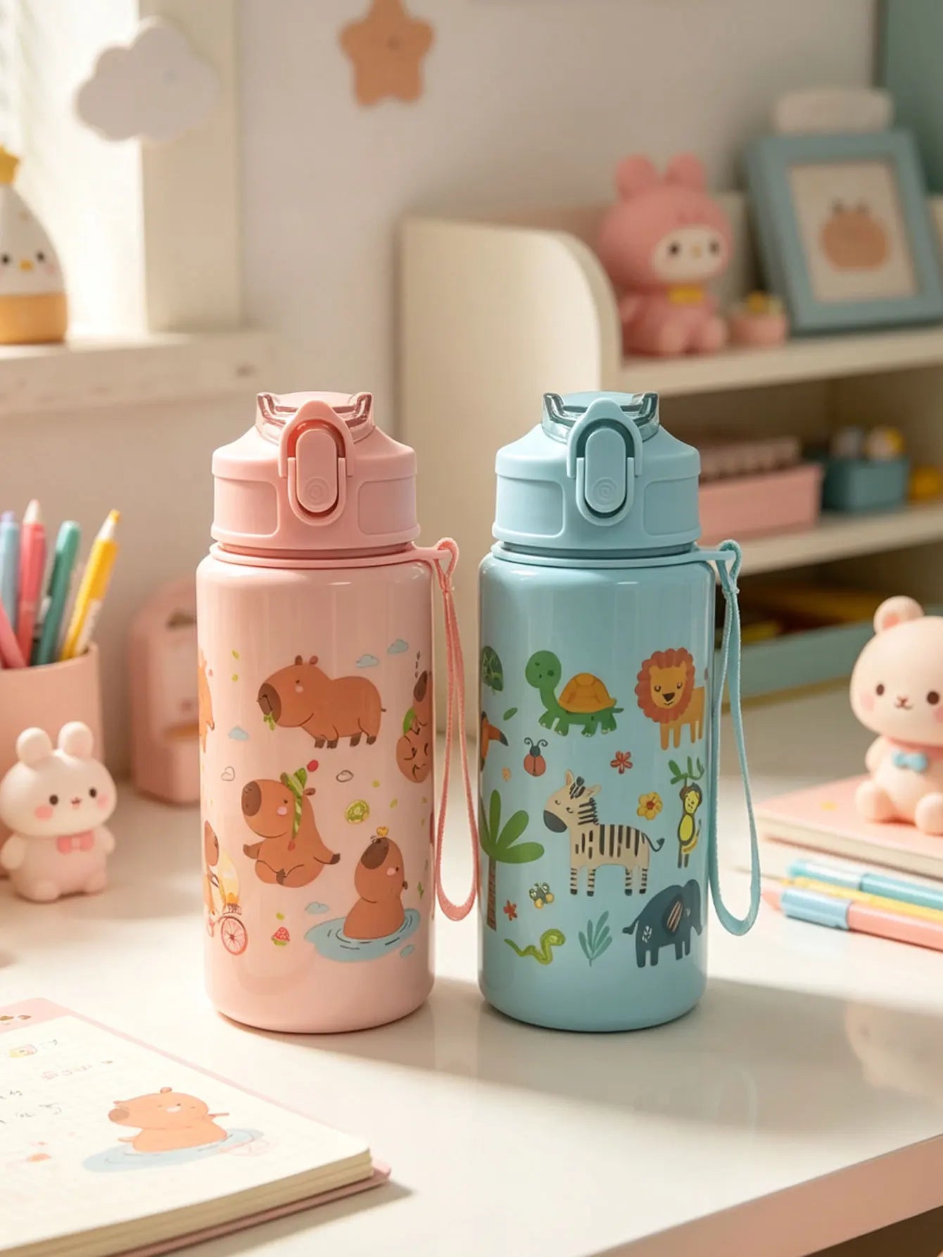 1 Piece 500ml (19 fl oz) Cartoon Printed Straw Cup, Summer Plastic Water Bottle, BPA alternate view