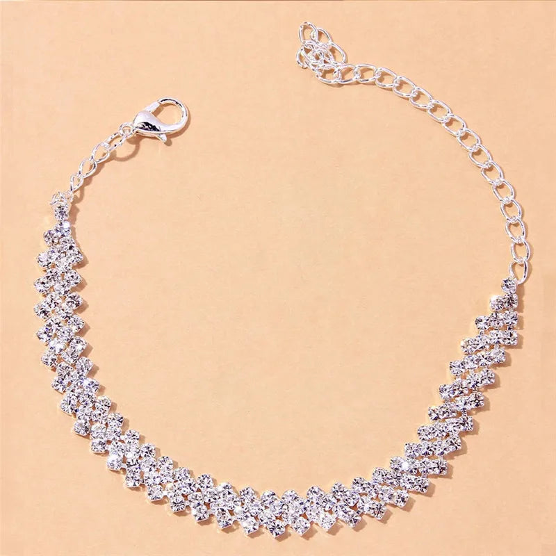 Shining Cubic Zirconia Chain Anklet for Women Fashion Silver Color Ankle Bracelet Bare close-up view