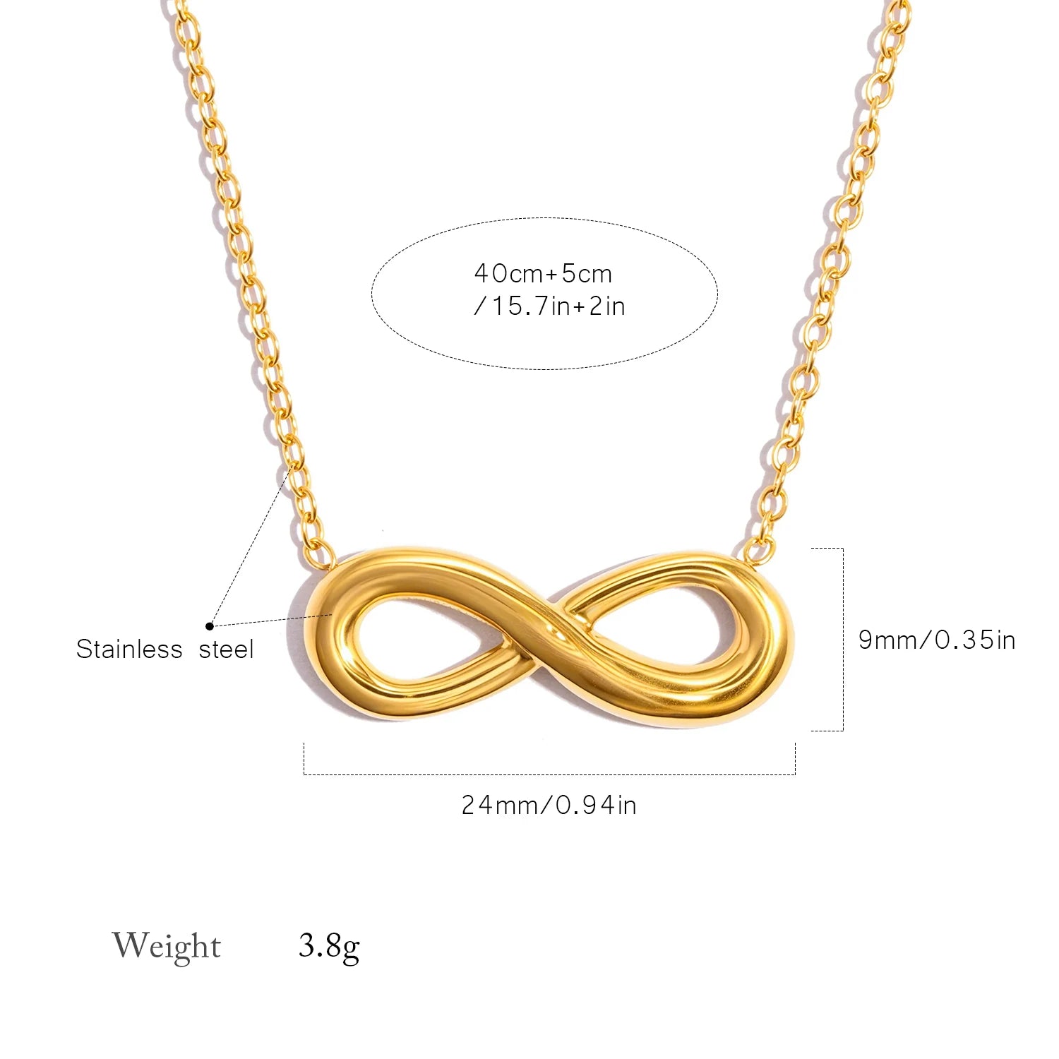 Minimalist Infinity Necklace - 18K Gold Plated Stainless Steel, Love Freedom Pendan additional angle