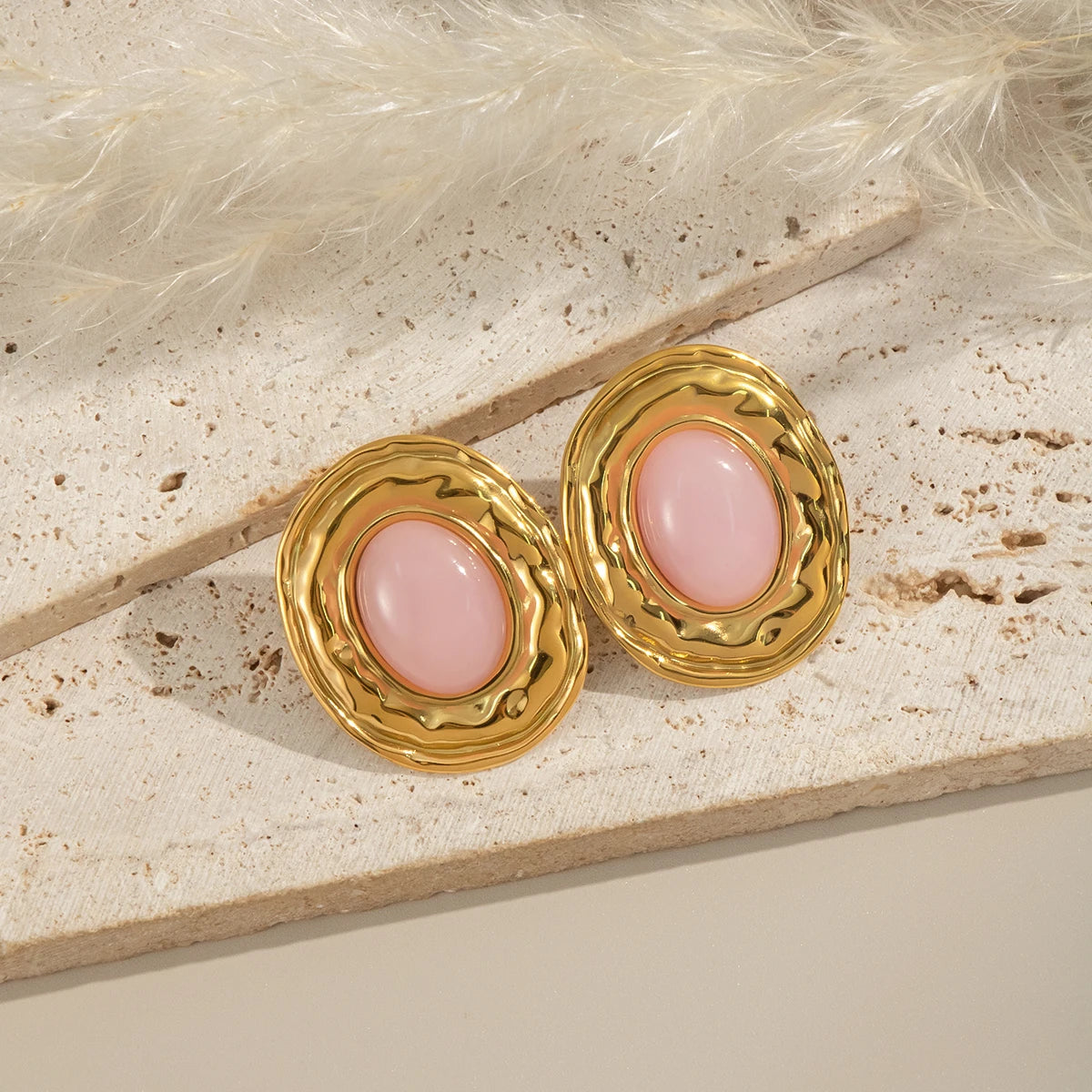 Vintage Oval Stud Earrings | 18K Gold Plated Stainless Steel Natural Stone Jewelry lifestyle view