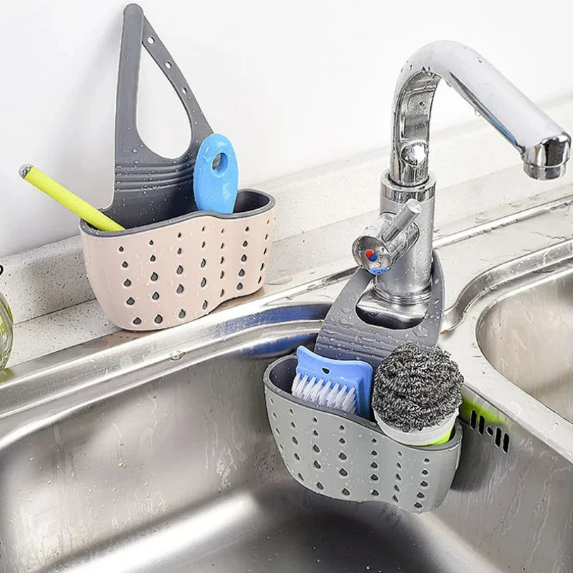 Kitchen Sink Holder Hanging Drain Basket | Adjustable Soap Sponge Shelf Organizer lifestyle view