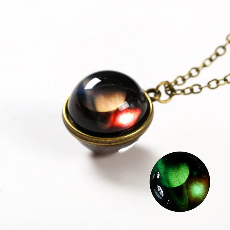 Universe Planet Earth Glass Luminous Double-Sided Retro Pendant Necklace For Women Me alternate view