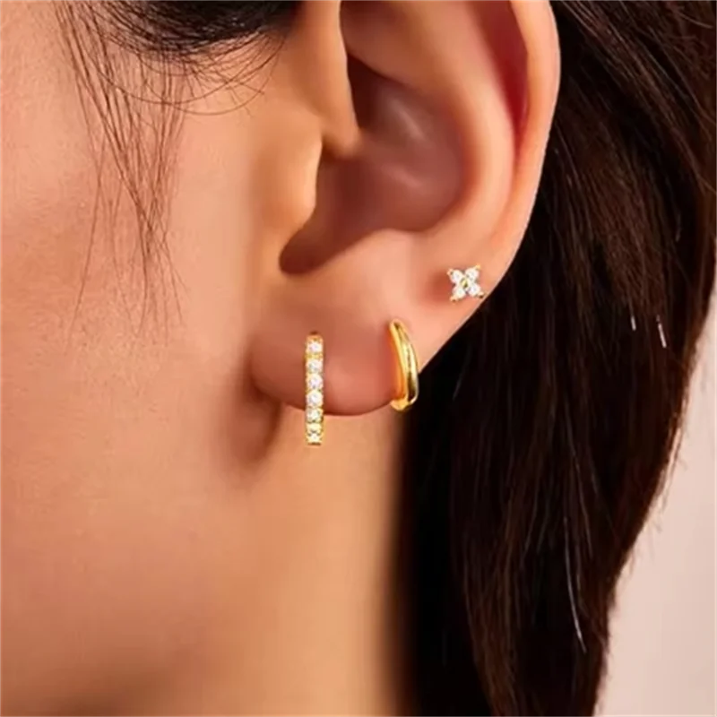 3Pcs Double Crystal Tragus Earring Floral Set Cartilage Helix Stud Earrings Bulk Lobe close-up view