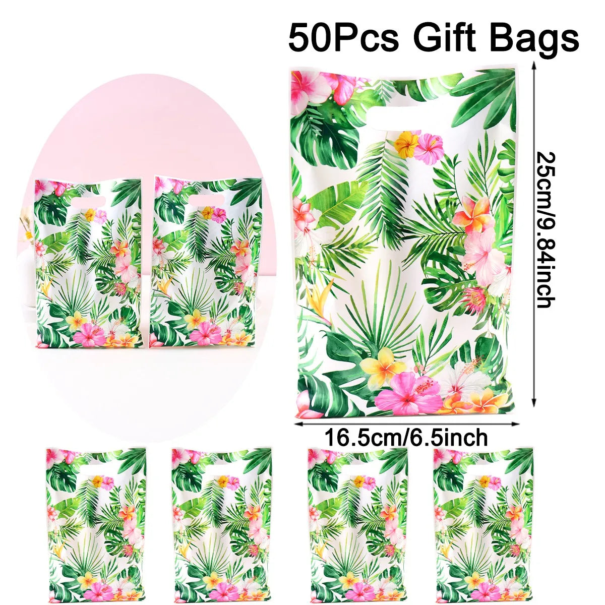 Tropical Hawaiian Party Tablecloth and Candy Bags Set | Flamingo Summer Decor detail view