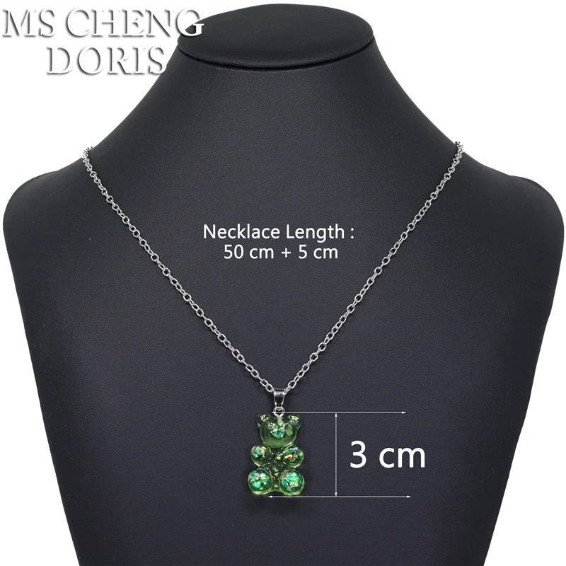 Handmade 33 Styles Colors Cute Resin Gummy Bear Chain Necklaces, Candy Color Pendant lifestyle view