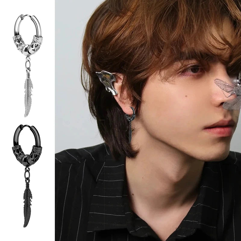 2Pcs Fashion Stainless Steel Feather Leaf Coil Earrings Punk Rock Hoop Stud Earrings alternate view