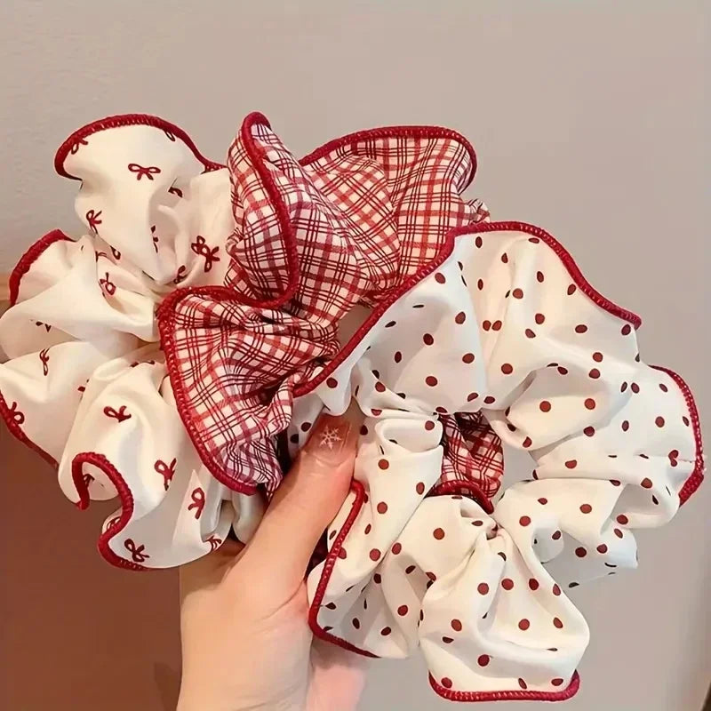 2/3pcs High End Red Cute Dot Plaid Scrunchies for Women Girls Soft Elastic Hair Ties G close-up view