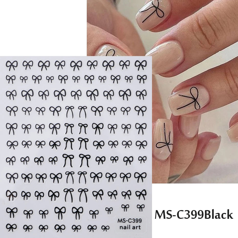 1/2pcs Black White Pink Mini Bowknot Design Nail Art Sticker Self Adhesive Lace Ribbons detail view
