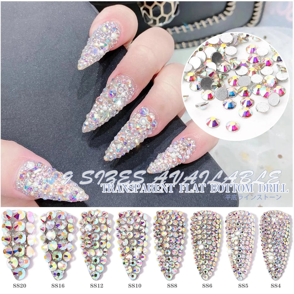 AB/Clear 1 Bag Nail Rhinestones Sizes SS3-SS12 1440 pcs Nail Art Decoration Flatback G close-up view