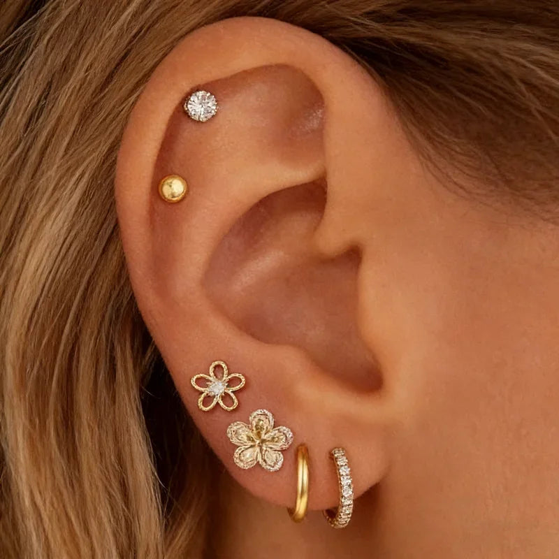 6PCS Shiny Crystal Crown Zircon Flower Stud Earrings Sets For Women Geometry Round additional angle