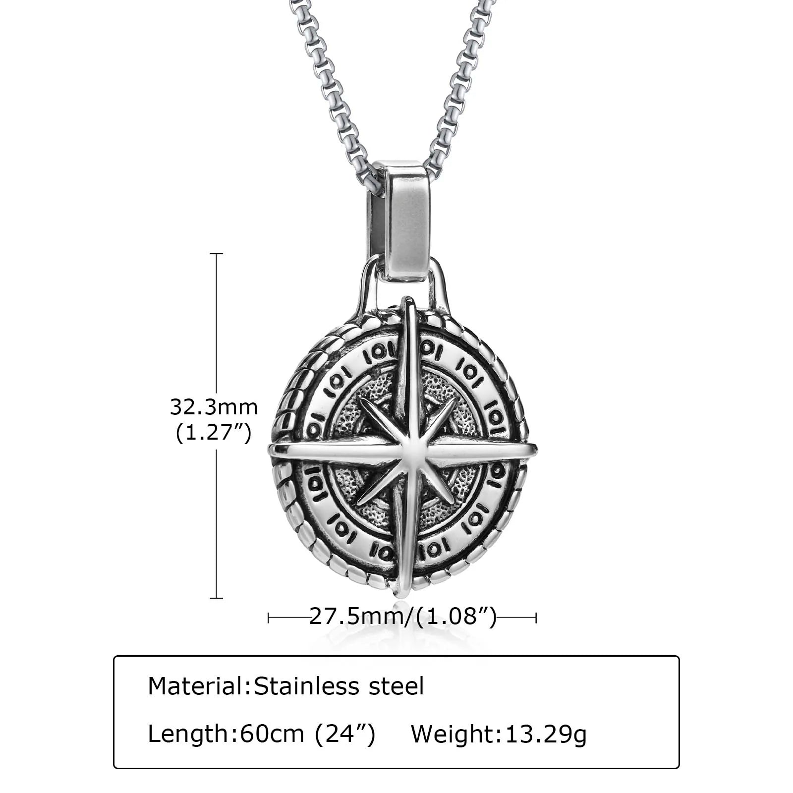 Vintage Compass Pendant Necklace | Stainless Steel Coin Necklace for Men detail view