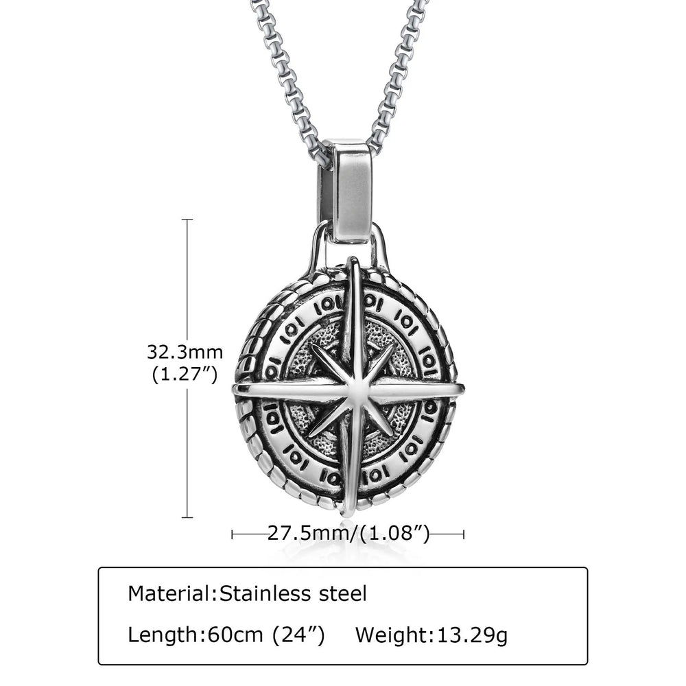 Vintage Compass Pendant Necklace | Stainless Steel Coin Necklace for Men detail view