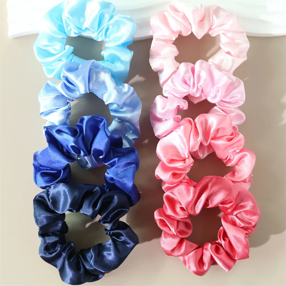 8Pcs/set Bright Color Silk Hair Scrunchies Women Y2K Solid Color Elastic Hair Bands Po close-up view