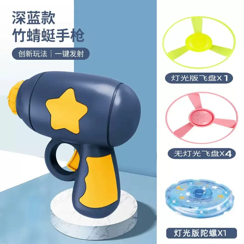 Glowing Bamboo Dragonfly Toy | Rotating Flash Frisbee with Shooting Gun detail view