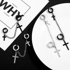 Punk Cross Tassel Earrings | Gothic Hip Hop Chain Stud Earrings close-up view