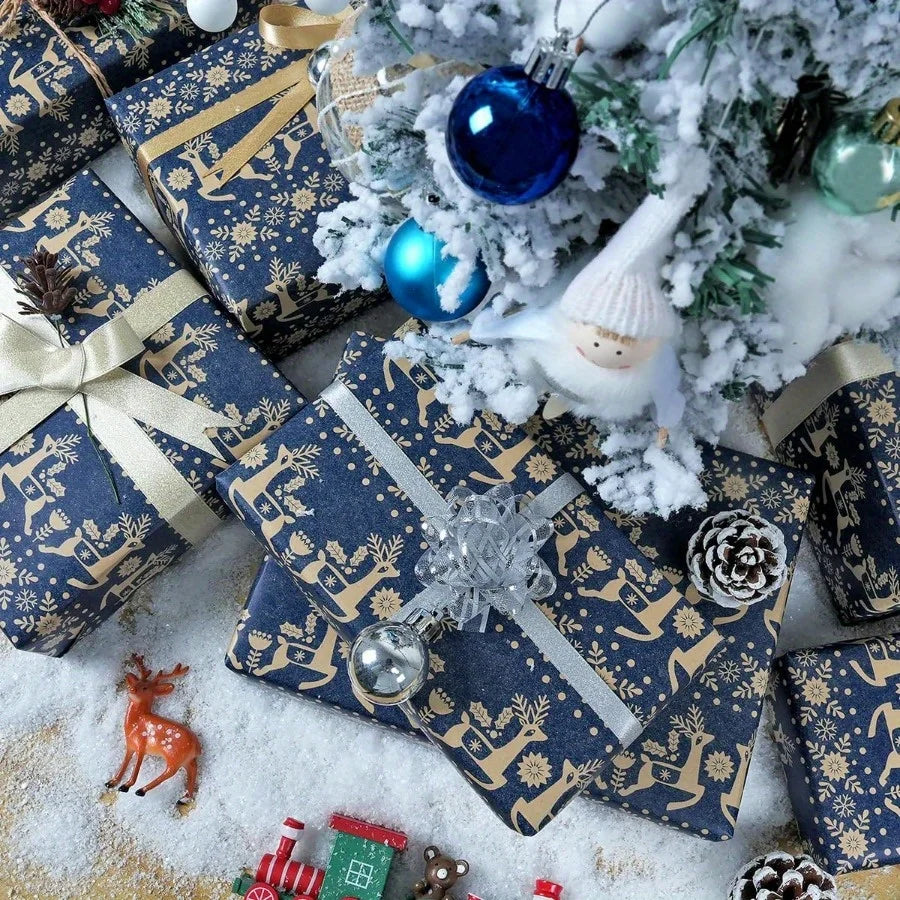 Navy Blue Kraft Christmas Wrapping Paper Roll | Snowflake, Floral and Reindeer Design alternate view