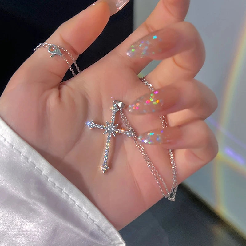 Fashion Women Crystal Zircon Cross Pendant Necklace for Women Trendy Girl Chain Necklace Choker Punk