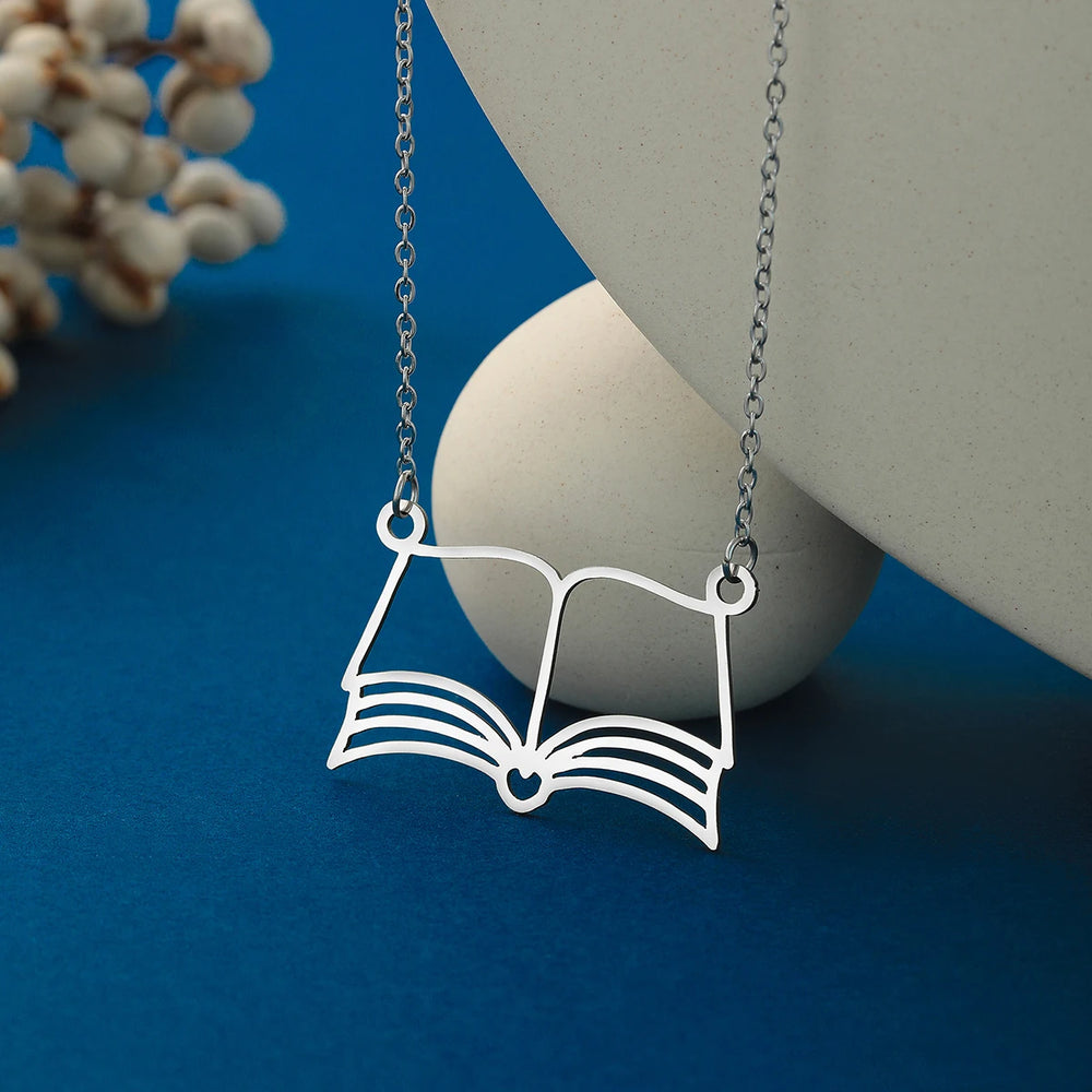 Kinitial Reading Lover Books Pendant Necklace For Women Stainless Steel Bookworm St additional angle
