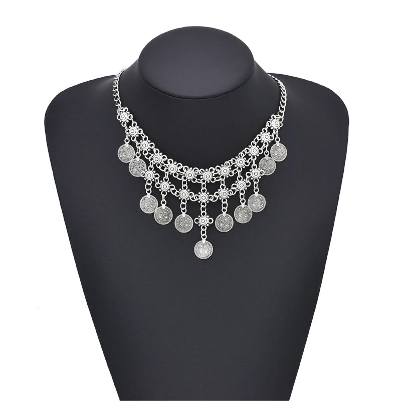 Vintage Coin Tassel Necklace | Bohemian Ethnic Charm Choker for Women alternate view