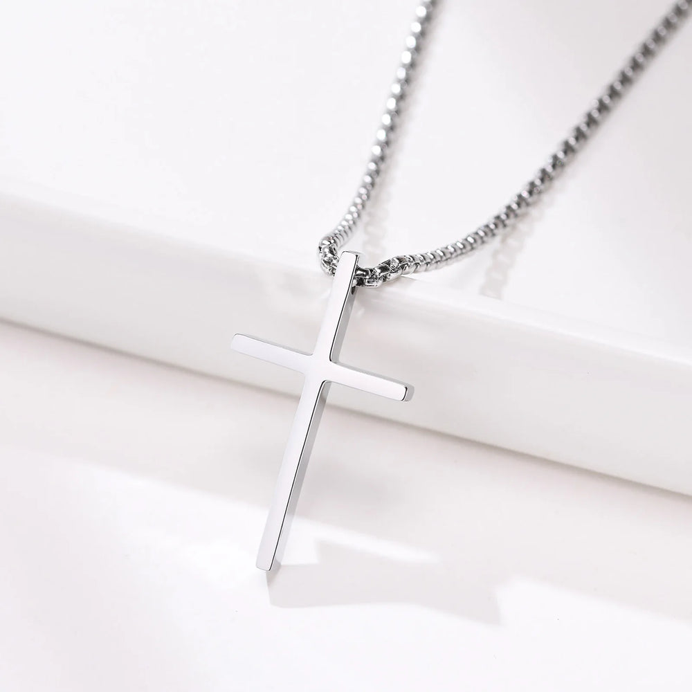 Men's Stainless Steel Layered Cross Necklace | Simple Prayer Pendant with Rope Box Chain detail view