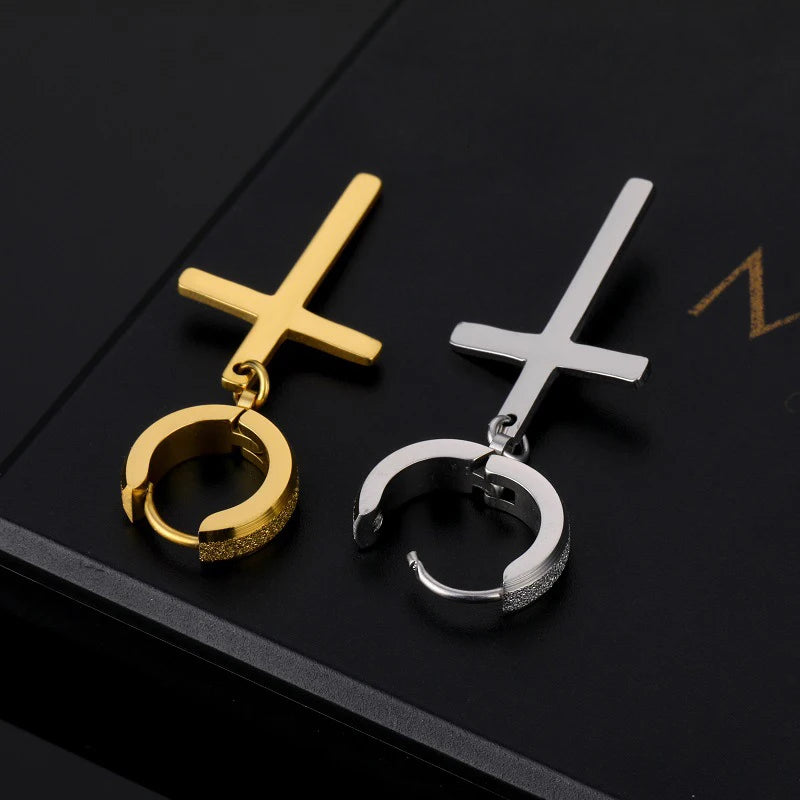 Stainless Steel Frosting Hoop Earrings | Punk Cross Dangle Earrings for Unisex detail view